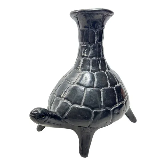 Barro Negro de Oaxaca Handmade Black Mexican Clay Tortoise VNTG Vase 7" H x 8" W - Picture 2 of 8